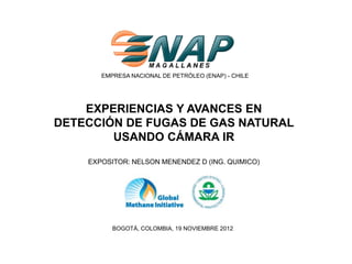 EMPRESA NACIONAL DE PETRÓLEO (ENAP) - CHILE
BOGOTÁ, COLOMBIA, 19 NOVIEMBRE 2012
EXPERIENCIAS Y AVANCES EN
DETECCIÓN DE FUGAS DE GAS NATURAL
USANDO CÁMARA IR
EXPOSITOR: NELSON MENENDEZ D (ING. QUIMICO)
 