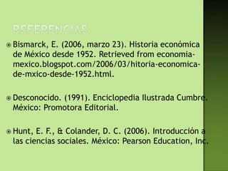  Bismarck,E. (2006, marzo 23). Historia económica
 de México desde 1952. Retrieved from economia-
 mexico.blogspot.com/2006/03/hitoria-economica-
 de-mxico-desde-1952.html.

 Desconocido.
             (1991). Enciclopedia Ilustrada Cumbre.
 México: Promotora Editorial.

 Hunt, E. F., & Colander, D. C. (2006). Introducción a
 las ciencias sociales. México: Pearson Education, Inc.
 