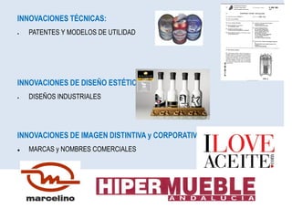 INNOVACIONES TÉCNICAS:


PATENTES Y MODELOS DE UTILIDAD

INNOVACIONES DE DISEÑO ESTÉTICO:


DISEÑOS INDUSTRIALES

INNOVACIONES DE IMAGEN DISTINTIVA y CORPORATIVA:


MARCAS y NOMBRES COMERCIALES

 