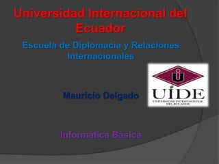 Universidad Internacional del
Ecuador
Escuela de Diplomacia y Relaciones
Internacionales
Mauricio Delgado
Informática Básica
 