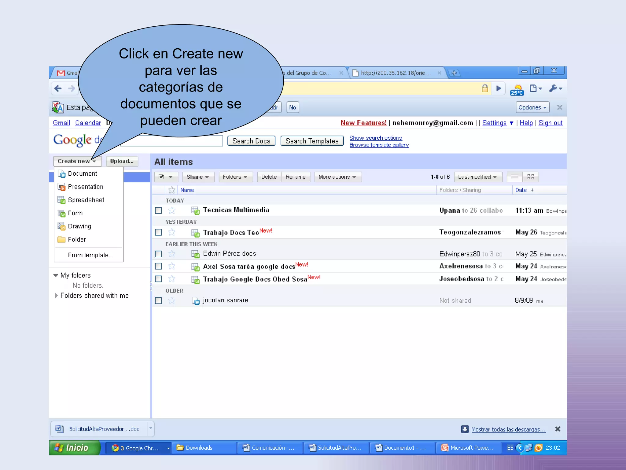 Click en Create new para ver las categorías de documentos que se pueden crear 