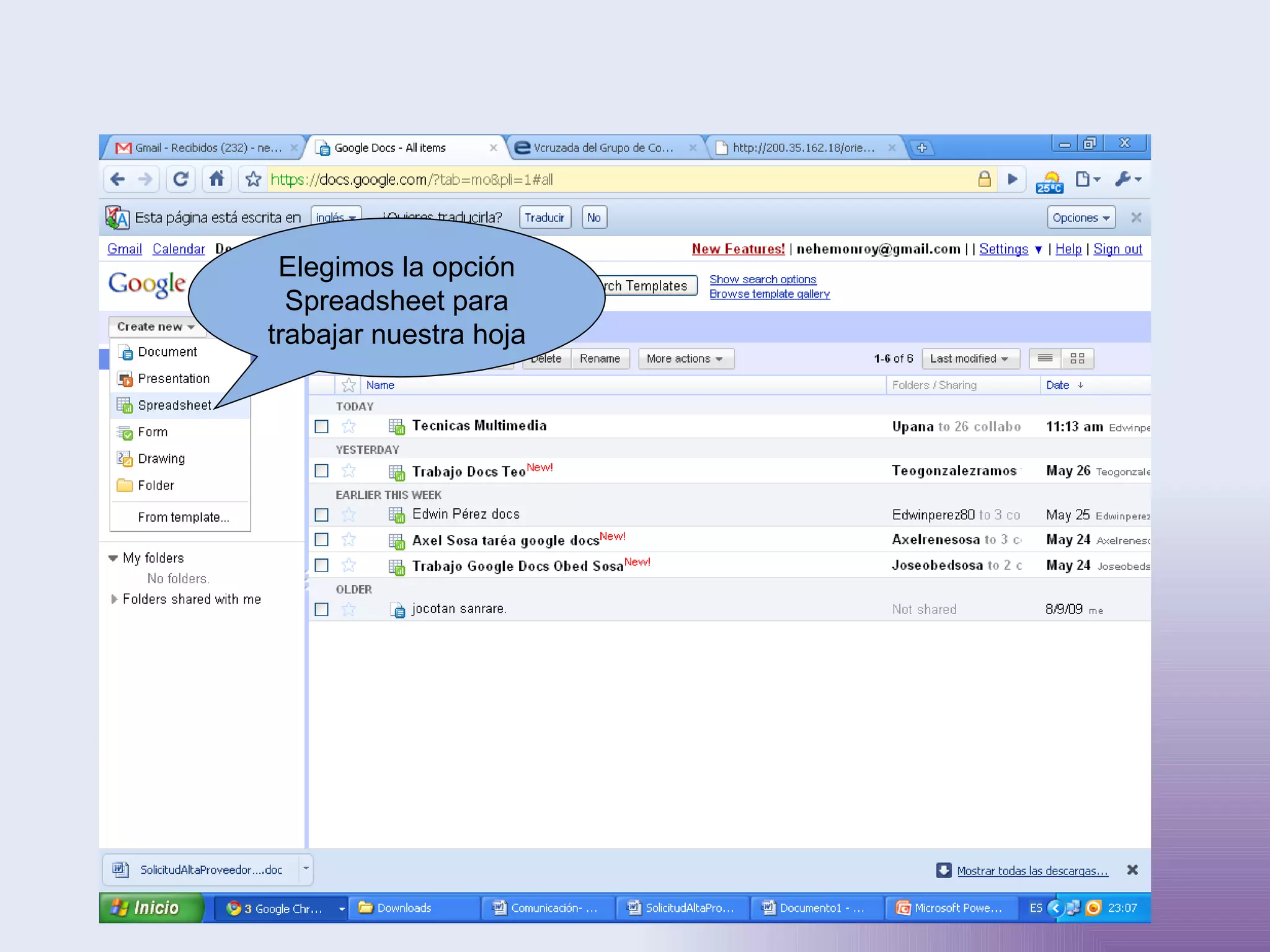 Elegimos la opción Spreadsheet para trabajar nuestra hoja 