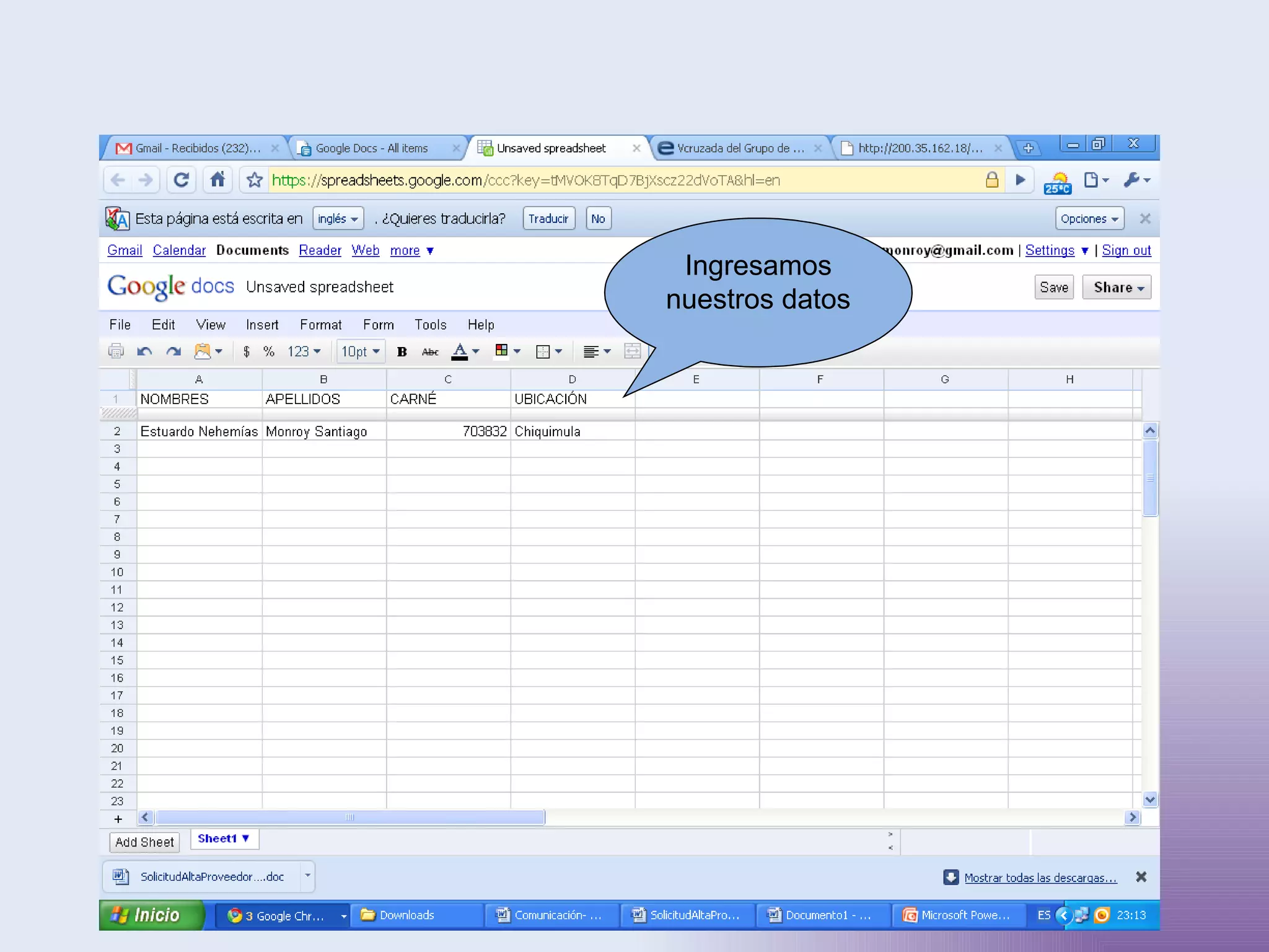 Ingresamos nuestros datos 
