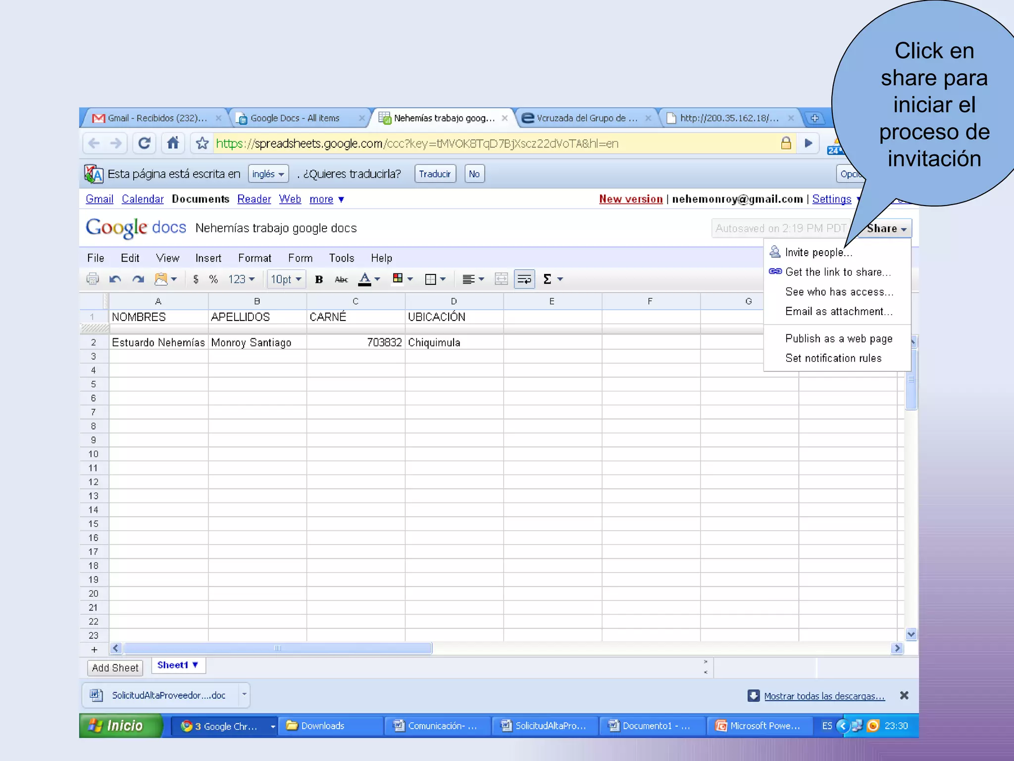 Click en share para iniciar el proceso de invitación 