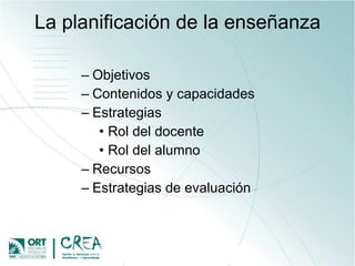 La planificación de la enseñanza Objetivos Contenidos y capacidades Estrategias  Rol del docente Rol del alumno Recursos Estrategias de evaluación 