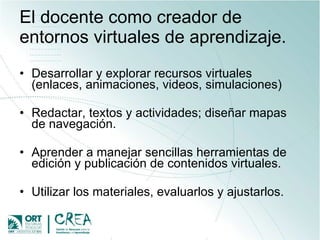 El docente como creador de entornos virtuales de aprendizaje.  Desarrollar y explorar recursos virtuales (enlaces, animaciones, videos, simulaciones) Redactar, textos y actividades;  diseñar mapas de navegación.  Aprender a manejar sencillas herramientas de edición y publicación de contenidos virtuales. Utilizar los materiales, evaluarlos y ajustarlos. 
