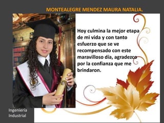 MONTEALEGRE MENDEZ MAURA NATALIA.
Hoy culmina la mejor etapa
de mi vida y con tanto
esfuerzo que se ve
recompensado con este
maravilloso día, agradezco
por la confianza que me
brindaron.
Ingeniería
Industrial
 