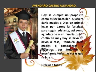 AVENDAÑO CASTRO ALEJANDRO.
Hoy se cumple un propósito
como es ser bachiller . Quisiera
darle gracias a Dios en primer
lugar por darme la fortaleza
para seguir adelante, así como
agradecerle a mi familia quien
confió en mi y hoy se lleva un
alivio a casa, también darle
gracias a compañeros y
maestros por forjarme y
enseñarme todas las cosas que
se hoy.
Gracias a todos.
 