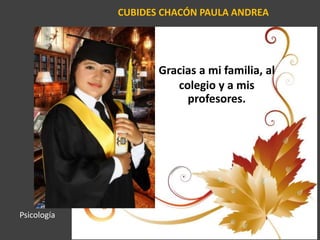 CUBIDES CHACÓN PAULA ANDREA
Gracias a mi familia, al
colegio y a mis
profesores.
Psicología
 