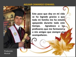 AGUIAR CAMARGO EDWARD.
Este paso que doy en mi vida
se ha logrado gracias a que
toda mi familia me ha estado
apoyando durante todo este
tiempo. Agradezco a los
profesores que me formaron y
a mis amigos que siempre me
acompañaron.
Producción
Musical
 