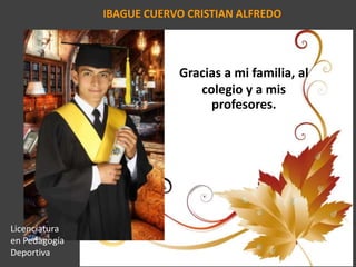 IBAGUE CUERVO CRISTIAN ALFREDO
Gracias a mi familia, al
colegio y a mis
profesores.
Licenciatura
en Pedagogía
Deportiva
 