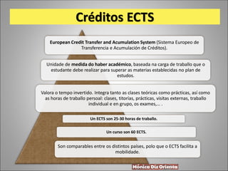 Créditos ECTS
European Credit Transfer and Acumulation System (Sistema Europeo de
Transferencia e Acumulación de Créditos).
Unidade de medida do haber académico, baseada na carga de traballo que o
estudante debe realizar para superar as materias establecidas no plan de
estudos.
Valora o tempo invertido. Integra tanto as clases teóricas como prácticas, así como
as horas de traballo persoal: clases, titorías, prácticas, visitas externas, traballo
individual e en grupo, os exames,… .
Un curso son 60 ECTS.
Un ECTS son 25-30 horas de traballo.
Son comparables entre os distintos países, polo que o ECTS facilita a
mobilidade.
 