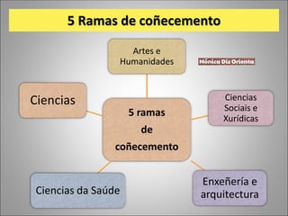 5 Ramas de coñecemento
5 ramas
de
coñecemento
Artes e
Humanidades
Ciencias
Sociais e
Xurídicas
Enxeñería e
arquitectura
Ciencias da Saúde
Ciencias
 