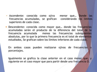  Descendente: conocida como mayor que… donde las frecuencias
acumuladas serán el producto de la diferencia del total de la
frecuencia acumulada menos las frecuencias subsiguientes
absolutas, por lo que la primera frecuencia es el total de elementos
estudiados, Se grafican sobre los límites inferiores de cada clase.
En ambos casos pueden realizarse ojivas de frecuencias o
porcentajes.
Igualmente se grafica la clase anterior en el caso menor que, y
siguiente en el caso mayor que para partir desde una frecuencia O.
• Ascendente: conocida como ojiva menor que… Donde las
frecuencias acumuladas, se grafican considerando los limites
superiores de cada clase.
 