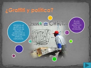 Es una
                       opinión
   Asimismo, el      escrita con
   graffiti es un      tinta de
  elemento de        revolución
    repudio o
  aceptación a
figuras políticas,
    artísticas,
   caricaturas,
 