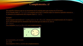 Complemento: A∁
Son aquellos números que no se encuentran en el conjunto pero que existen en el Universo
Si el conjunto dado A = {1, 2, 3} y el conjunto universal U contiene todos los números naturales menores a
6, entonces el complemento del conjunto dado A = {4, 5}.
Ejemplo:
Si el conjunto universal es U = { a, b, c, d, e } y A = { b, c, d }, entonces el complementario de A respecto
de U está formado por los elementos del universal que no estén en A, esto es:
Al = { a, e }
Los conjuntos { a, e } y { b, c, d } son complementarios.
U={1;2;3;4;5} y A={1;2;5}
A’={3;4}
Los conjuntos {3;4} y {1;2;5} son complementarios
 