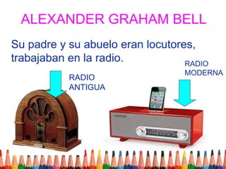 ALEXANDER GRAHAM BELL
Su padre y su abuelo eran locutores,
trabajaban en la radio.           RADIO
                                  MODERNA
           RADIO
           ANTIGUA
 