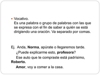  Vocativo.
Es una palabra o grupo de palabras con las que
se expresa con el fin de saber a quién se está
dirigiendo una oración. Va separado por comas.
Ej. Anda, Norma, apúrate o llegaremos tarde.
¿Puede explicarme esto, profesora?
Ese auto que te compraste está padrísimo,
Roberto.
Amor, voy a comer a la casa.
 