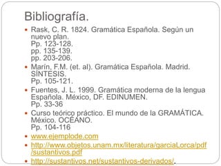 Bibliografía.
 Rask, C. R. 1824. Gramática Española. Según un
nuevo plan.
Pp. 123-128.
pp. 135-139.
pp. 203-206.
 Marín, F.M. (et. al). Gramática Española. Madrid.
SÍNTESIS.
Pp. 105-121.
 Fuentes, J. L. 1999. Gramática moderna de la lengua
Española. México, DF. EDINUMEN.
Pp. 33-36
 Curso teórico práctico. El mundo de la GRAMÁTICA.
México. OCÉANO.
Pp. 104-116
 www.ejemplode.com
 http://www.objetos.unam.mx/literatura/garciaLorca/pdf
/sustantivos.pdf
 http://sustantivos.net/sustantivos-derivados/.
 
