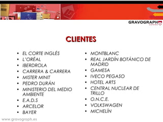 www.gravograph.es
CLIENTESCLIENTES
• EL CORTE INGLÉS
• L’ORÉAL
• IBERDROLA
• CARRERA & CARRERA
• MISTER MINIT
• PEDRO DURÁN
• MINISTERIO DEL MEDIO
AMBIENTE
• E.A.D.S
• ARCELOR
• BAYER
• MONTBLANC
• REAL JARDÍN BOTÁNICO DE
MADRID
• GAMESA
• IVECO PEGASO
• HOTEL ARTS
• CENTRAL NUCLEAR DE
TRILLO
• O.N.C.E.
• VOLKSWAGEN
• MICHELÍN
 