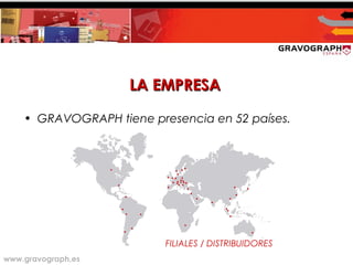 www.gravograph.es
LA EMPRESALA EMPRESA
• GRAVOGRAPH tiene presencia en 52 países.
FILIALES / DISTRIBUIDORES
 