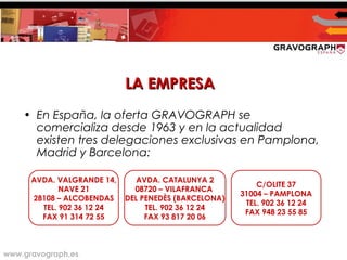 www.gravograph.es
LA EMPRESALA EMPRESA
• En España, la oferta GRAVOGRAPH se
comercializa desde 1963 y en la actualidad
existen tres delegaciones exclusivas en Pamplona,
Madrid y Barcelona:
AVDA. VALGRANDE 14,
NAVE 21
28108 – ALCOBENDAS
TEL. 902 36 12 24
FAX 91 314 72 55
AVDA. CATALUNYA 2
08720 – VILAFRANCA
DEL PENEDÈS (BARCELONA)
TEL. 902 36 12 24
FAX 93 817 20 06
C/OLITE 37
31004 – PAMPLONA
TEL. 902 36 12 24
FAX 948 23 55 85
 