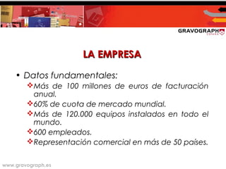www.gravograph.es
LA EMPRESALA EMPRESA
• Datos fundamentales:
Más de 100 millones de euros de facturación
anual.
60% de cuota de mercado mundial.
Más de 120.000 equipos instalados en todo el
mundo.
600 empleados.
Representación comercial en más de 50 países.
 