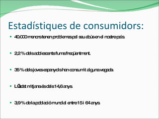 Estadístiques de consumidors: 40.000 menors tenen problemes pel seu abús en el nostre país. 2,2 % dels adolescents fuma freqüentment. 35 % dels joves espanyols han consumit alguna vegada. L’edat mitjana és dels 14,6 anys. 3,9 % de la població mundial entre 15 i 64 anys. 