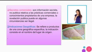 11
Secretos comerciales: son información secreta,
no publica relativa a las prácticas comerciales o
conocimientos propietarios de una empresa, la
revelación publica puede en algunas
circunstancias ser ilegal.
Indicaciones Geográficas: Se refiere a productos
de una zona geográfica especifica, la indicación
consiste en el nombre del lugar de origen.
.
 
