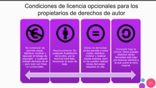 21
Condiciones de licencia opcionales para los
propietarios de derechos de autor
No comercial: se
permite copiar,
distribuir, mostrar y
ejecutar el trabajo de
copyright - y cualquier
trabajo derivado de él
- pero solo con fines
no comerciales.
Reconocimiento: En
cualquier Explotación
de la obra, por la
licencia hará falta,
reconocer el autor de
esta.
Obras no derivadas:
se les permite a otros
copiar, distribuir,
mostrar y realizar
copias exactas, pero
no se pueden realizar
obras derivadas
basadas en ella.
Compartir bajo la
misma: Otros pueden
distribuir obras
derivadas sólo bajo
una licencia idéntica a
la que cubre la obra
original.
 