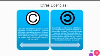 26
Otras Licencias
Copyright: Se establece que no se puede
reproducir, copiar o comunicar / transmitir
al público material de derechos de autor
(obras literarias, dramáticas, musicales y
obras artísticas, películas y grabaciones
de sonido) sin el permiso del propietario
del copyright.
Copyleft: En el movimiento del software
de código abierto licencias similares se
denominan "copyleft". Obras licenciadas
bajo una licencia "Compartir bajo la
misma" idea sin restricciones comerciales
no se pueden combinar con un contenido
bajo una licencia "Share alike" licencia de
Creative Commons no comercial.
 