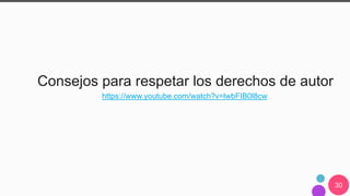 30
Consejos para respetar los derechos de autor
https://www.youtube.com/watch?v=lwbFIB0l8cw
 