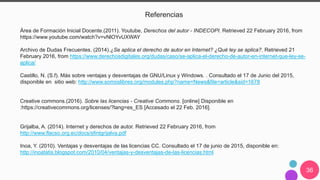 36
Referencias
Área de Formación Inicial Docente.(2011). Youtube, Derechos del autor - INDECOPI. Retrieved 22 February 2016, from
https://www.youtube.com/watch?v=vNlOYvUXWAY
Archivo de Dudas Frecuentes. (2014).¿Se aplica el derecho de autor en Internet? ¿Qué ley se aplica?. Retrieved 21
February 2016, from https://www.derechosdigitales.org/dudas/caso/se-aplica-el-derecho-de-autor-en-internet-que-ley-se-
aplica/
Castillo, N. (S.f). Más sobre ventajas y desventajas de GNU/Linux y Windows. . Consultado el 17 de Junio del 2015,
disponible en sitio web: http://www.somoslibres.org/modules.php?name=News&file=article&sid=1678
Creative commons.(2016). Sobre las licencias - Creative Commons. [online] Disponible en
:https://creativecommons.org/licenses/?lang=es_ES [Accesado el 22 Feb. 2016].
Grijalba, A. (2014). Internet y derechos de autor. Retrieved 22 February 2016, from
http://www.flacso.org.ec/docs/sfintgrijalva.pdf
Inoa, Y. (2010). Ventajas y desventajas de las licencias CC. Consultado el 17 de junio de 2015, disponible en:
http://inoatatis.blogspot.com/2010/04/ventajas-y-desventajas-de-las-licencias.html
 