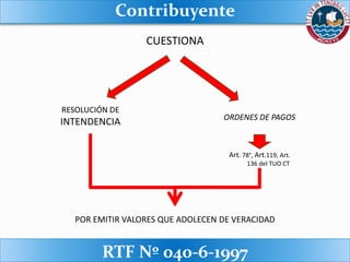 RTF 00411-1-
2008
CONTRIBUYENTE
CUESTIONA
RESOLUCIÓN DE
INTENDENCIA ORDENES DE PAGOS
Art. 78°, Art.119, Art.
136 del TUO CT
POR EMITIR VALORES QUE ADOLECEN DE VERACIDAD
Contribuyente
RTF Nº 040-6-1997
 