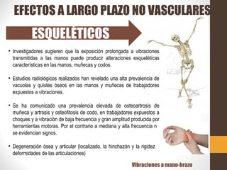 ESQUELÉTICOS
• Investigadores sugieren que la exposición prolongada a vibraciones
transmitidas a las manos puede producir alteraciones esqueléticas
características en las manos, muñecas y codos.
• Estudios radiológicos realizados han revelado una alta prevalencia de
vacuolas y quistes óseos en las manos y muñecas de trabajadores
expuestos a vibraciones.
• Se ha comunicado una prevalencia elevada de osteoartrosis de
muñeca y artrosis y osteofitosis de codo, en trabajadores expuestos a
choques y a vibración de baja frecuencia y gran amplitud producida por
herramientas motoras. Por el contrario a mediana y alta frecuencia no
se evidencian signos.
• Degeneración ósea y articular (localizado, la hinchazón y la rigidez y
deformidades de las articulaciones)
Vibraciones a mano-brazo
EFECTOS A LARGO PLAZO NO VASCULARES
 