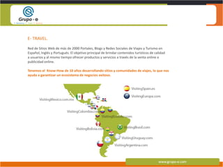 E- TRAVEL. Red de Sitios Web de más de 2000 Portales, Blogs y Redes Sociales de Viajes y Turismo enEspañol, Inglés y Portugués. El objetivo principal de brindar contenidos turísticos de calidad a usuarios y al mismo tiempo ofrecer productos y servicios a través de la venta online o publicidad online.Tenemos el  Know-How de 10 años desarrollando sitios y comunidades de viajes, lo que nos ayuda a garantizar un ecosistema de negocios exitoso.