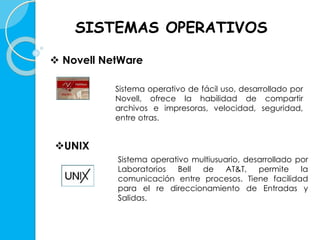 SISTEMAS OPERATIVOS 
 Novell NetWare 
UNIX 
Sistema operativo de fácil uso, desarrollado por 
Novell, ofrece la habilidad de compartir 
archivos e impresoras, velocidad, seguridad, 
entre otras. 
Sistema operativo multiusuario, desarrollado por 
Laboratorios Bell de AT&T, permite la 
comunicación entre procesos. Tiene facilidad 
para el re direccionamiento de Entradas y 
Salidas. 
 