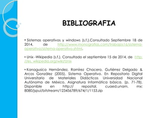 BIBLIOGRAFIA 
• Sistemas operativos y windows (s.f.).Consultado Septiembre 18 de 
2014, de http://www.monografias.com/trabajos16/sistema-operativo/ 
sistema-operativo.shtml. 
• Unix -Wikipedia (s.f.). Consultado el septiembre 15 de 2014, de http: 
//es. wikipedia.org/wiki/Unix 
• Kanagusico Hernández, Ramírez Chacero, Gutiérrez Delgado & 
Arcos González (2005). Sistema Operativo. En Repositorio Digital 
Universitario de Materiales Didácticos Universidad Nacional 
Autónoma de México. Asignatura Informática básica. (p. 71-78). 
Disponible en http:// reposital. cuaed.unam. mx: 
8080/jspui/bitstream/123456789/674/1/1153.zip 

