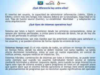El interfaz del usuario, la capacidad de administrar información (16bits, 32bits y 
64bits.) entre más bits tengas más robusta deberá ser la tecnología, Seguridad en la 
red, Tipo de fuente source (fuente), La estabilidad Movilidad y adaptación con 
otras arquitecturas 
Sistema por lotes o batch: existieron desde las primeras computadoras, estas se 
apoyan por láminas perforadas, o cintas para la entrada de datos, los pc de hoy día 
ya no son perforada ni utilizan cintas 
Sistemas interactivos: son más rápidos que los anteriores creados para satisfacer a 
los usuarios, y se pueden eliminar de forma rápida los errores de la pc 
Sistemas tiempo real: Es el más rápido de todos, se utilizan en tiempo de retorno, 
en tiempo físico, donde los datos se deben realizar con suma rapidez. La salida 
afecta decisiones inmediatas, estos se usan en vuelos espaciales, en control de 
tráficos aéreos, equipos médicos en industrias. Etc. 
Sistemas híbridos: combinación de sistemas por lotes e interactivos, se puede tener 
como ejemplo que cuando los usuarios individuales tienen acceso al sistema 
mediante terminales y obtener respuesta rápida, pero cuando la carga interactiva es 
ligera este tipo de sistema acepta y opera programas en lotes en un segundo plano 
que quiere decir que el sistema hibrido aprovecha el tiempo libre entre demandas 
de procesamientos de programas que no necesitan ayudas significativas del operador 
 