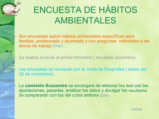 ENCUESTA DE HÁBITOS
AMBIENTALES
– Son encuestas sobre hábitos ambientales específicas para
familias, profesorado y alumnado y con preguntas referentes a los
temas de trabajo (Ver) .
– Se realiza durante el primer trimestre ( resultado diciembre).
– Las encuestas se revisarán por la Junta de Ecoprofes ( antes del
20 de noviembre).
– La comisión Ecocentro se encargará de elaborar los test con las
aportaciones, pasarlas, analizar los datos y divulgar los resultados.
Se compararán con los del curso anterior (Ver)
Volver
 