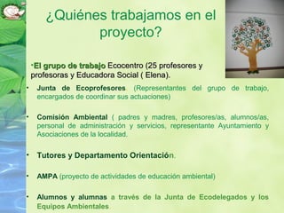 • Junta de Ecoprofesores. (Representantes del grupo de trabajo,
encargados de coordinar sus actuaciones)
• Comisión Ambiental ( padres y madres, profesores/as, alumnos/as,
personal de administración y servicios, representante Ayuntamiento y
Asociaciones de la localidad.
• Tutores y Departamento Orientación.
• AMPA (proyecto de actividades de educación ambiental)
• Alumnos y alumnas a través de la Junta de Ecodelegados y los
Equipos Ambientales.
¿Quiénes trabajamos en el
proyecto?
•El grupo de trabajoEl grupo de trabajo Ecocentro (25 profesores yEcocentro (25 profesores y
profesoras y Educadora Social ( Elena).profesoras y Educadora Social ( Elena).
 