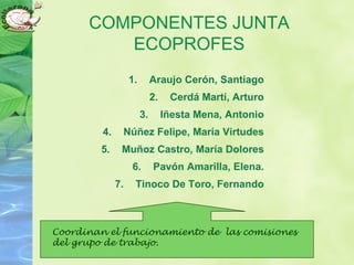 COMPONENTES JUNTA
ECOPROFES
1. Araujo Cerón, Santiago
2. Cerdá Martí, Arturo
3. Iñesta Mena, Antonio
4. Núñez Felipe, María Virtudes
5. Muñoz Castro, María Dolores
6. Pavón Amarilla, Elena.
7. Tinoco De Toro, Fernando
Coordinan el funcionamiento de las comisiones
del grupo de trabajo.
 
