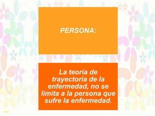 PERSONA:

La teoría de
trayectoria de la
enfermedad, no se
limita a la persona que
sufre la enfermedad.

 