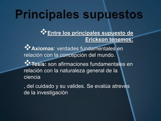 Entre los principales supuesto de
Erickson tenemos:

Axiomas: verdades fundamentales en
relación con la concepción del mundo.

Tesis: son afirmaciones fundamentales en
relación con la naturaleza general de la
ciencia
, del cuidado y su valides. Se evalúa atreves
de la investigación

 