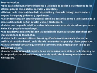 Fuentes teoricas
•Idea básica del humanismo inherente a la ciencia de cuidar a los enfermos de los
clásicos griegos como platon, socrates y aristoteles.
•División de la ciencia del cuidado sistematica y clínica de teólogo sueco anders
nygren, hans-georg gadamer, y tage kurten .
•La caridad otorga un carácter peculiar tanto a la sustancia como a la disciplina de la
ciencia del cuidado de San agustin y Soren Kierkegaard.
•La idea que no puede existir una ciencia humana en ausencia de valores por tomas
Kuhn, Karl popple y susan langer.
•Los paradigmas relacionados con la aparición de diversas culturas científicas por
investigaciones de tornebohm.
•La idea de los concepos tienen tantos significados como sustancia atraves de
análisis sistemático basado en la idea de hermenéautica por el profesor peep koort.
•Ética asistencial caritativa que concibe como una ética ontológica en la idea de
Emmanuel lévinas.
•La aporte más íntima del espíritu de un ser humano s una síntesis de lo eterno y de
lo temporal; actuar éticamente es querer de modo absoluto o querer lo eterno de
Kierkegaard.

 