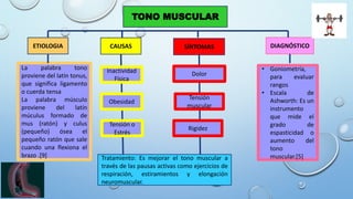 TONO MUSCULAR
ETIOLOGIA CAUSAS SÍNTOMAS DIAGNÓSTICO
La palabra tono
proviene del latín tonus,
que significa ligamento
o cuerda tensa
La palabra músculo
proviene del latín
múculus formado de
mus (ratón) y culus
(pequeño) ósea el
pequeño ratón que sale
cuando una flexiona el
brazo .[9]
Inactividad
Física
Obesidad
Tensión o
Estrés
Dolor
Tensión
muscular
Rigidez
• Goniometría,
para evaluar
rangos
• Escala de
Ashworth: Es un
instrumento
que mide el
grado de
espasticidad o
aumento del
tono
muscular.[5]
Tratamiento: Es mejorar el tono muscular a
través de las pausas activas como ejercicios de
respiración, estiramientos y elongación
neuromuscular.
 