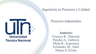Ingeniería en Procesos y Calidad
Procesos industriales
Autores:
Fonseca R., Maricela
Paredes A., Gabriela
Mejía R., Esperanza
Fernández M., Johel
Mejías S, Ericka
 