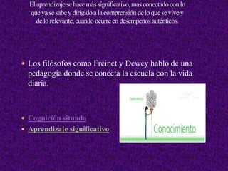  Los filósofos como Freinet y Dewey hablo de una
pedagogía donde se conecta la escuela con la vida
diaria.
 Cognición situada
 Aprendizaje significativo
 