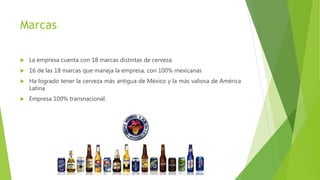 Marcas
 La empresa cuenta con 18 marcas distintas de cerveza.
 16 de las 18 marcas que maneja la empresa, con 100% mexicanas
 Ha logrado tener la cerveza más antigua de México y la más valiosa de América
Latina
 Empresa 100% transnacional.
 
