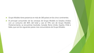  Grupo Modelo tiene presencia en más de 180 países en los cinco continentes.
 El principal consumidor de las cervezas de Grupo Modelo es Estados Unidos
con un consumo del 86% del total y casi el 70% son de Grupo Modelo.
Posteriormente, se encuentran Australia, Canadá, Reino Unido, España, Chile e
Italia, que son los siguientes países más consumidores de Grupo Modelo.
 